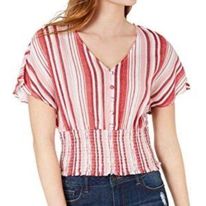 New Crave Fame Smocked Hem Button Front V-Neck Crop Top Pink Red Stripe Large